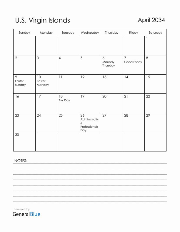 April 2034 U.S. Virgin Islands Calendar with Holidays (Sunday Start)