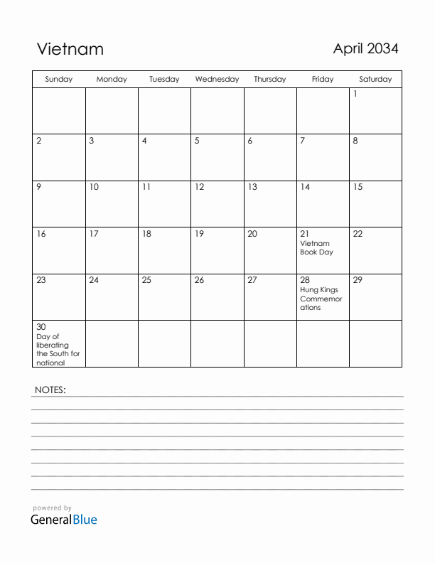 April 2034 Vietnam Calendar with Holidays (Sunday Start)