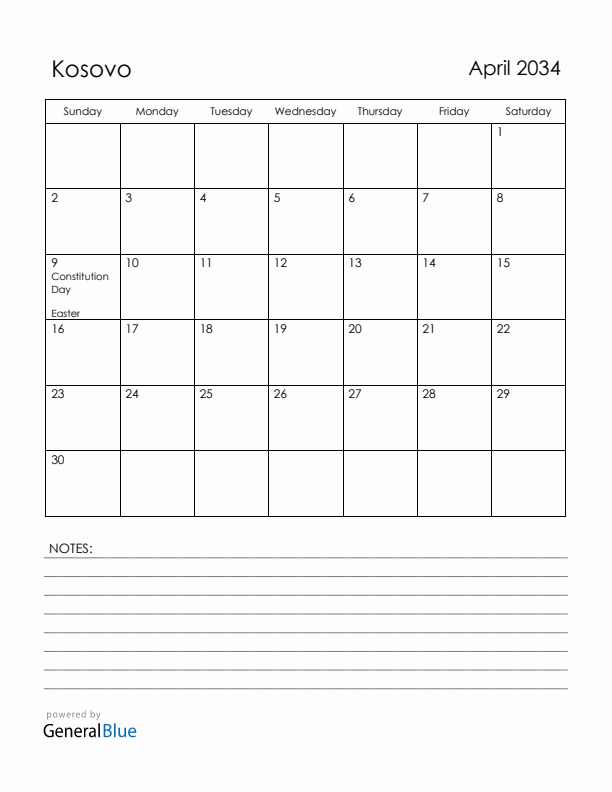 April 2034 Kosovo Calendar with Holidays (Sunday Start)
