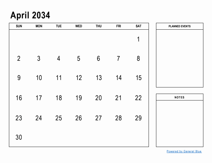 April 2034 Calendar Planner