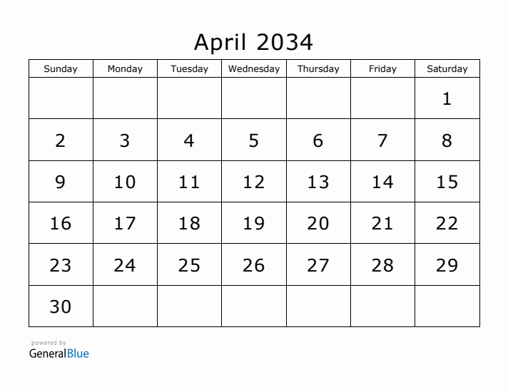 Printable April 2034 Calendar - Sunday Start