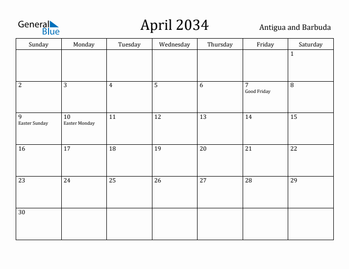 April 2034 Calendar Antigua and Barbuda