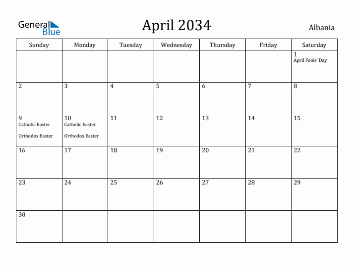 April 2034 Calendar Albania