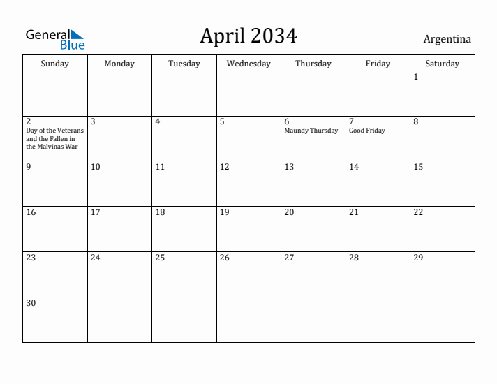 April 2034 Calendar Argentina
