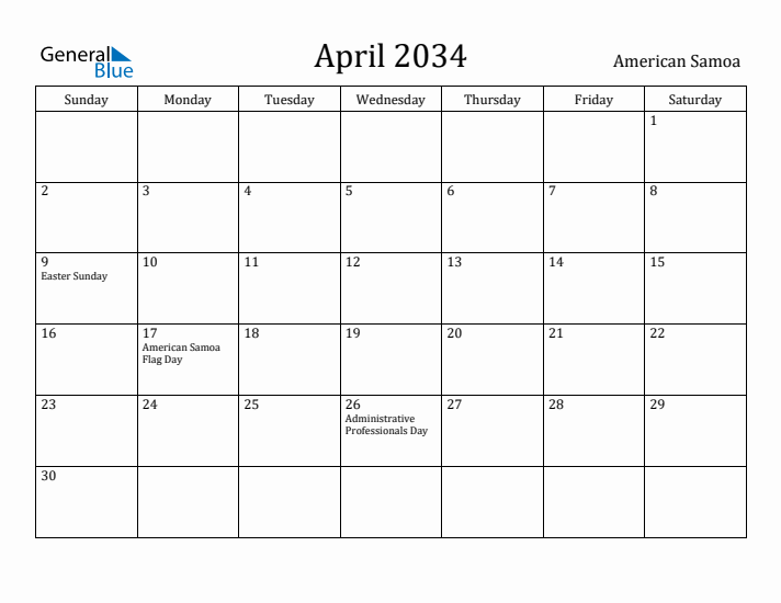 April 2034 Calendar American Samoa