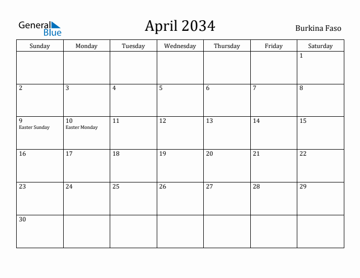 April 2034 Calendar Burkina Faso