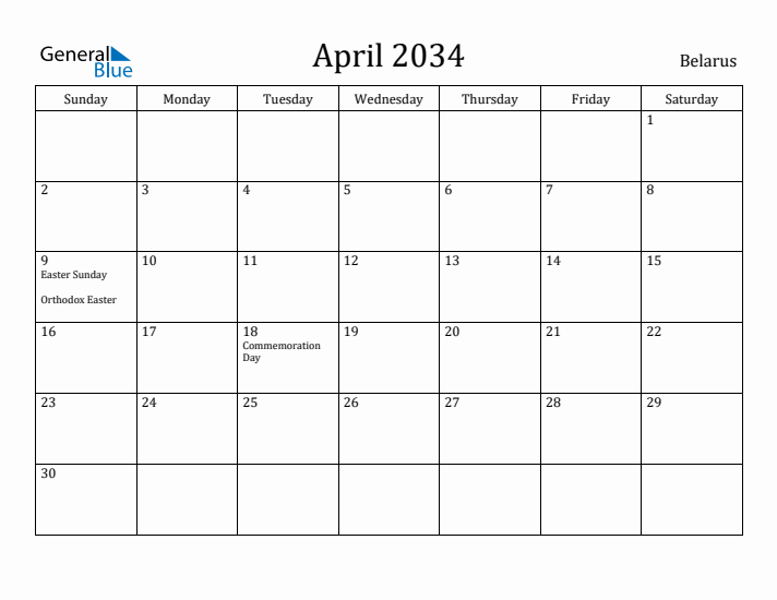 April 2034 Calendar Belarus