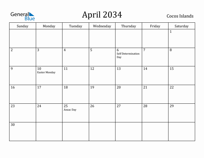 April 2034 Calendar Cocos Islands