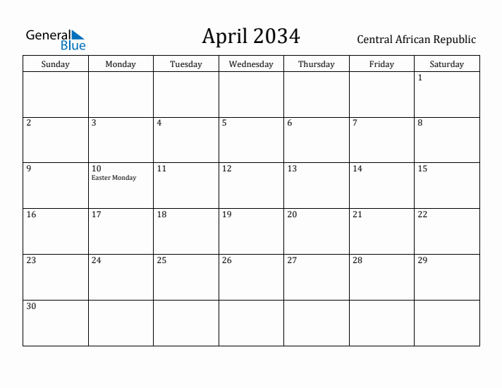 April 2034 Calendar Central African Republic