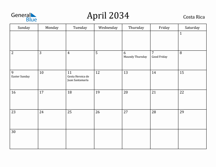 April 2034 Calendar Costa Rica