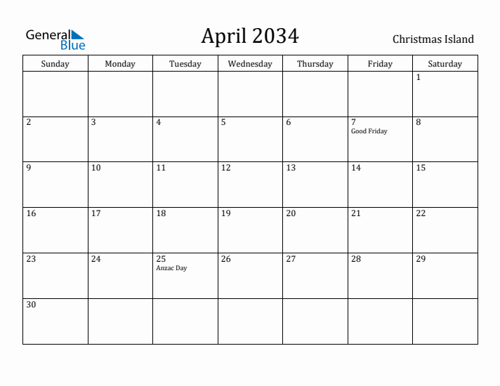 April 2034 Calendar Christmas Island