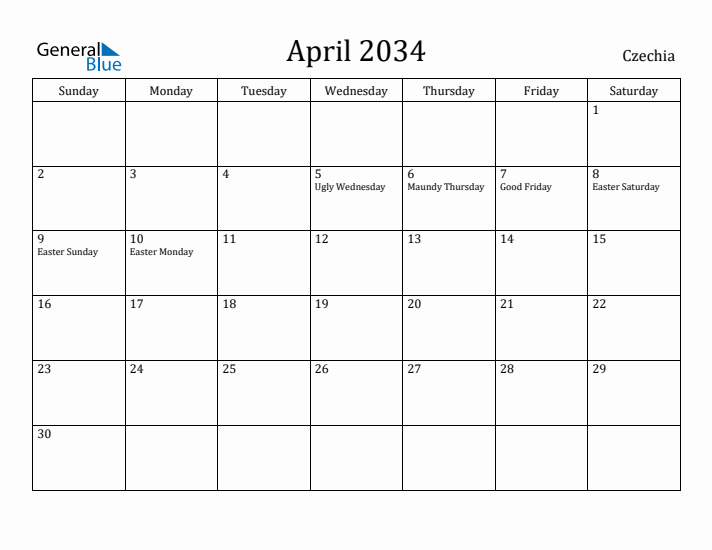 April 2034 Calendar Czechia
