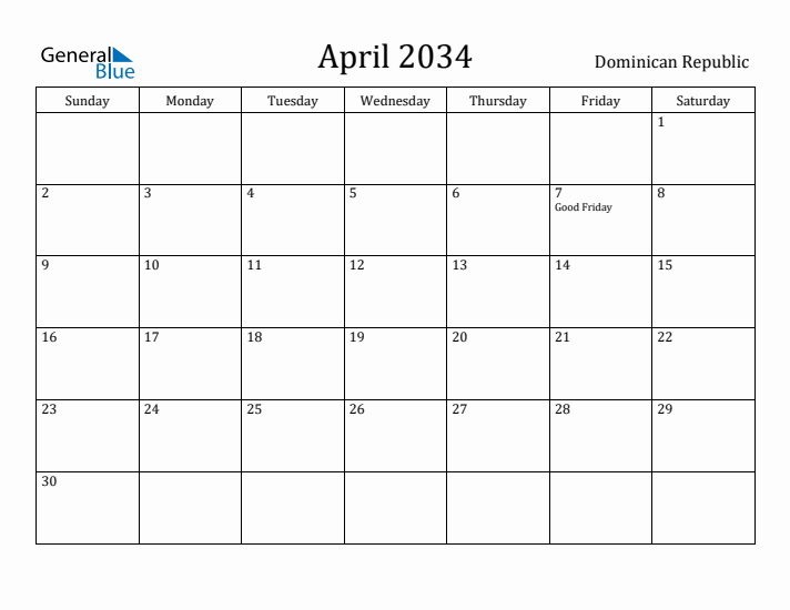 April 2034 Calendar Dominican Republic