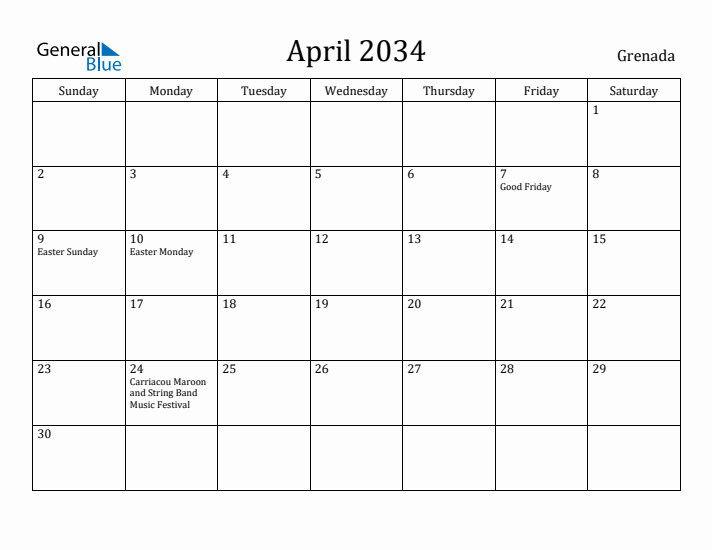 April 2034 Calendar Grenada