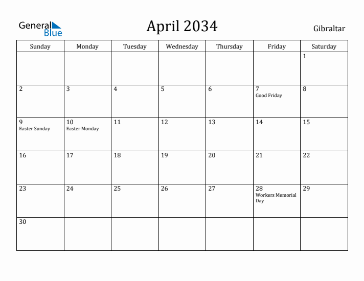 April 2034 Calendar Gibraltar