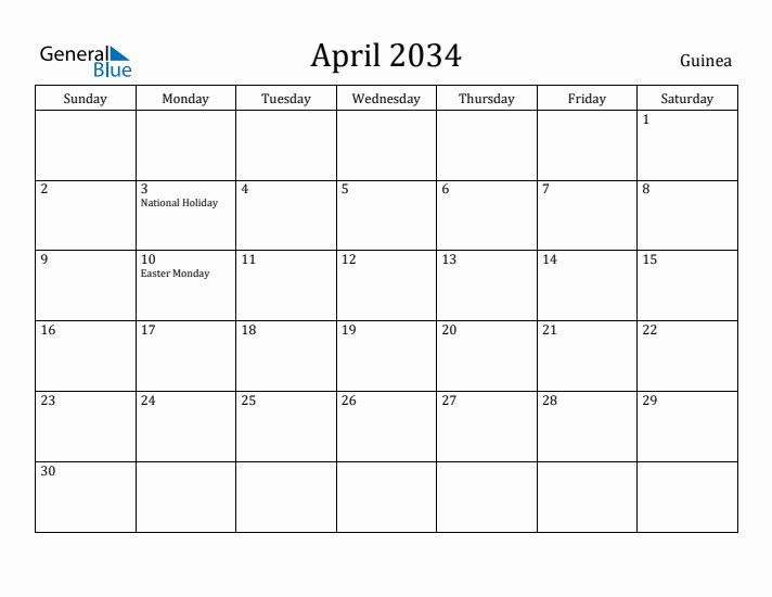 April 2034 Calendar Guinea