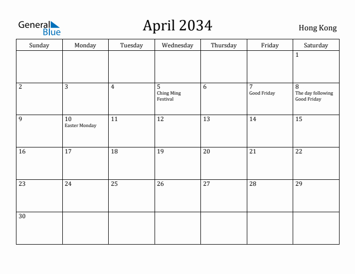 April 2034 Calendar Hong Kong