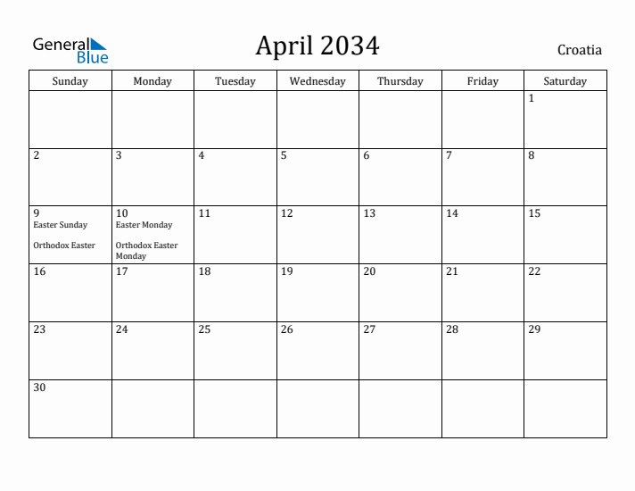 April 2034 Calendar Croatia