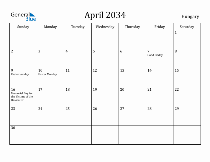 April 2034 Calendar Hungary