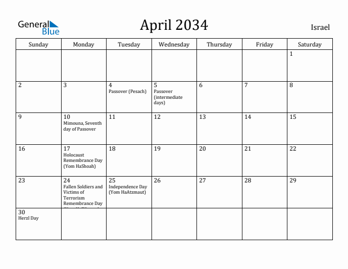 April 2034 Calendar Israel