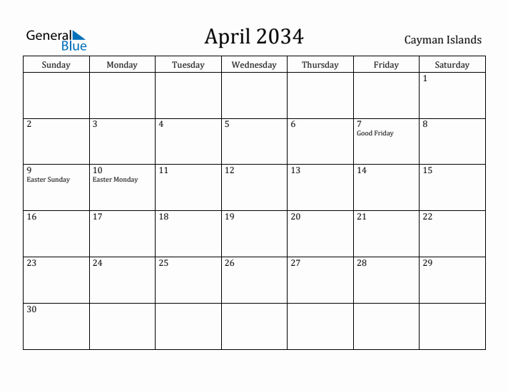 April 2034 Calendar Cayman Islands