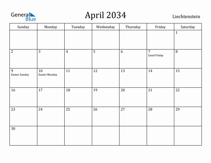 April 2034 Calendar Liechtenstein