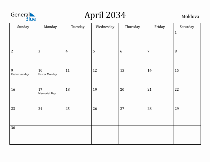 April 2034 Calendar Moldova