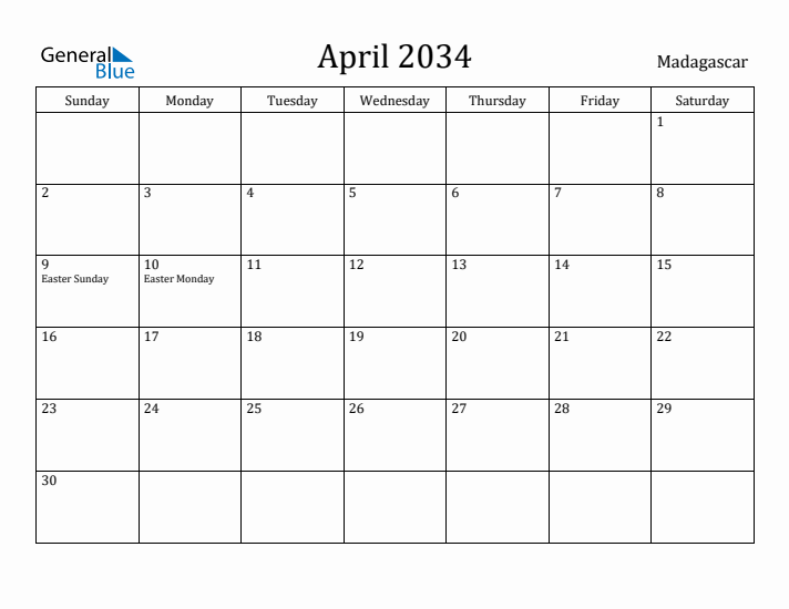 April 2034 Calendar Madagascar