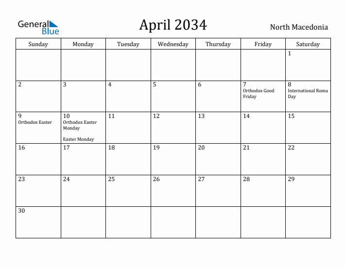 April 2034 Calendar North Macedonia
