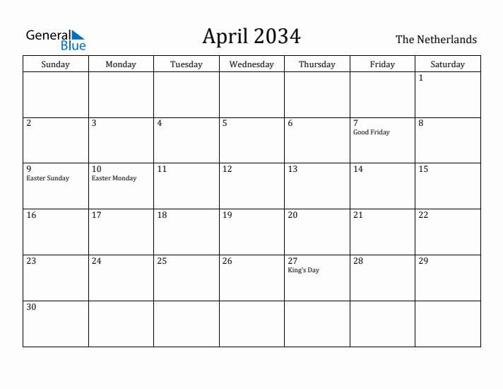 April 2034 Calendar The Netherlands
