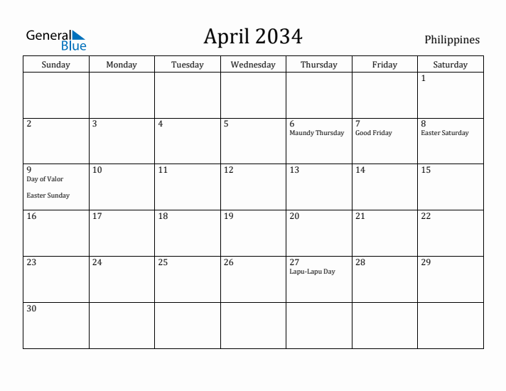 April 2034 Calendar Philippines