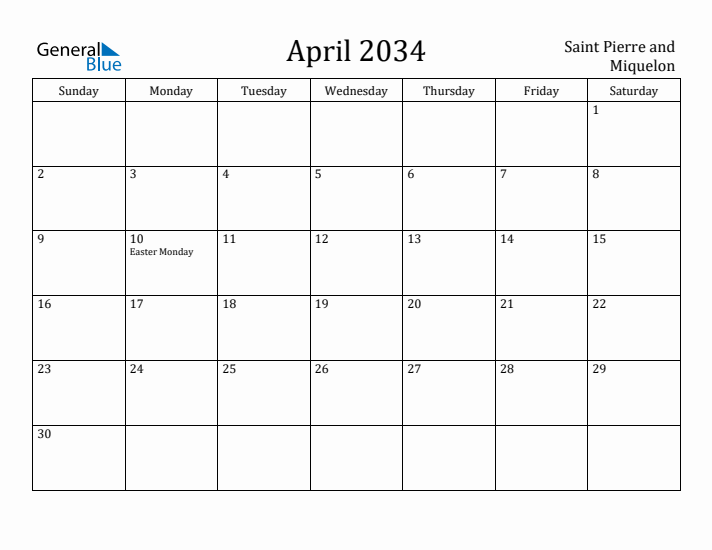 April 2034 Calendar Saint Pierre and Miquelon