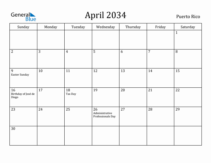 April 2034 Calendar Puerto Rico