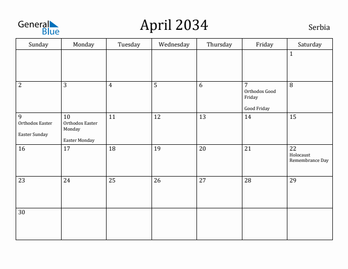April 2034 Calendar Serbia