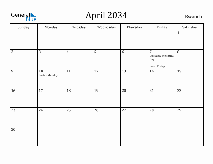 April 2034 Calendar Rwanda