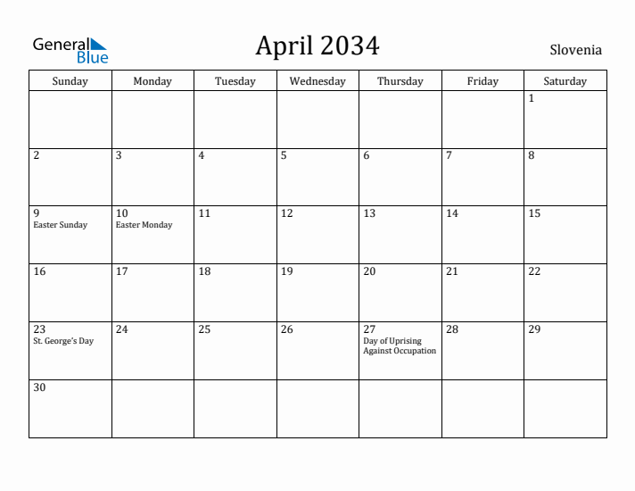 April 2034 Calendar Slovenia
