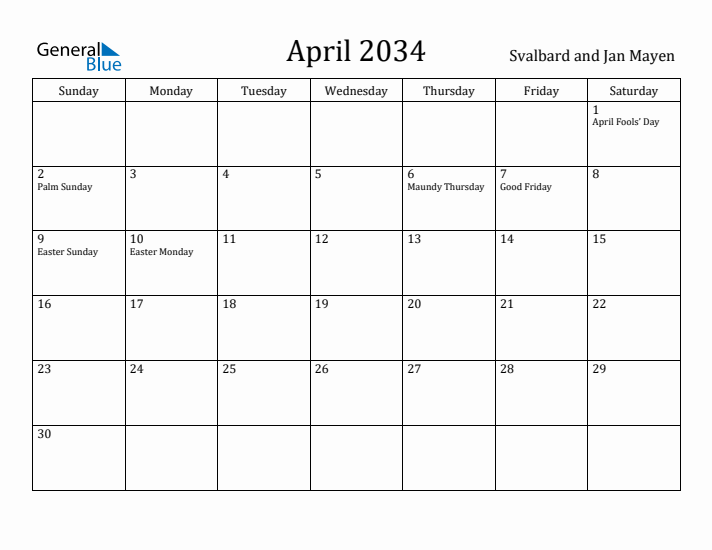 April 2034 Calendar Svalbard and Jan Mayen