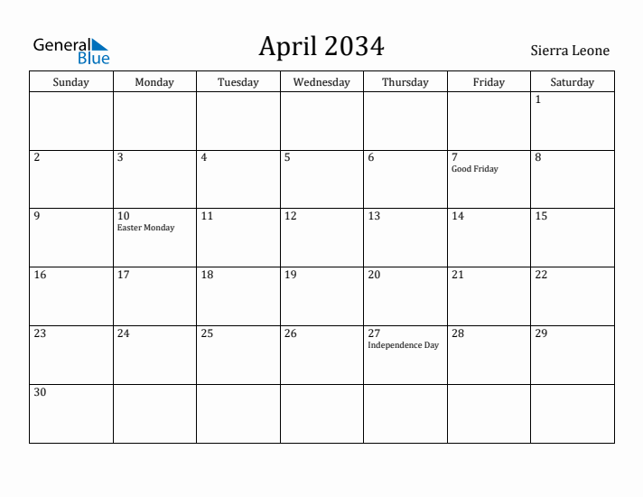 April 2034 Calendar Sierra Leone