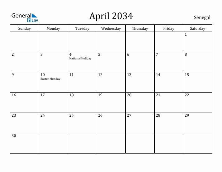 April 2034 Calendar Senegal