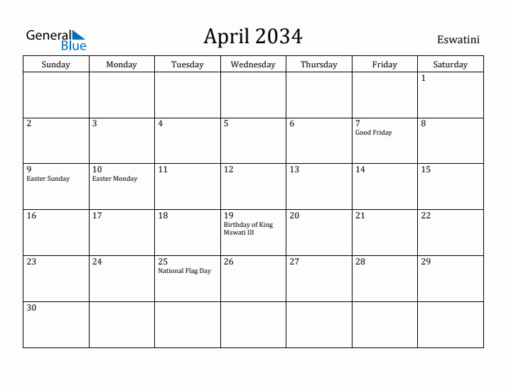 April 2034 Calendar Eswatini