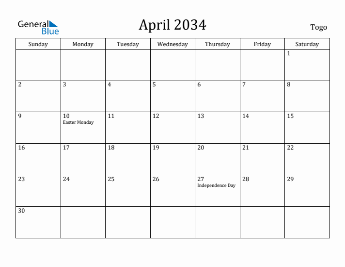April 2034 Calendar Togo