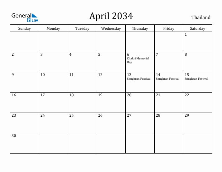 April 2034 Calendar Thailand