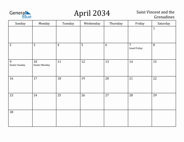April 2034 Calendar Saint Vincent and the Grenadines