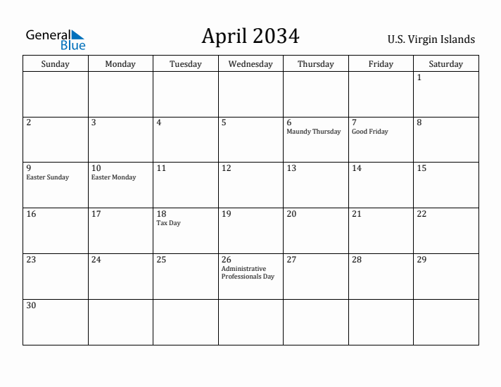 April 2034 Calendar U.S. Virgin Islands