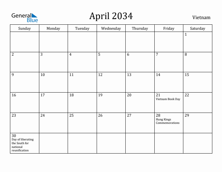 April 2034 Calendar Vietnam