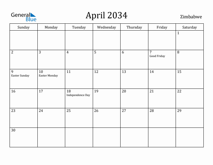 April 2034 Calendar Zimbabwe