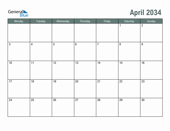 Free Printable April 2034 Calendar