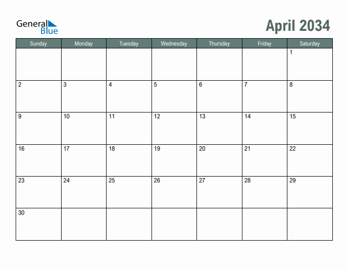 Free Printable April 2034 Calendar
