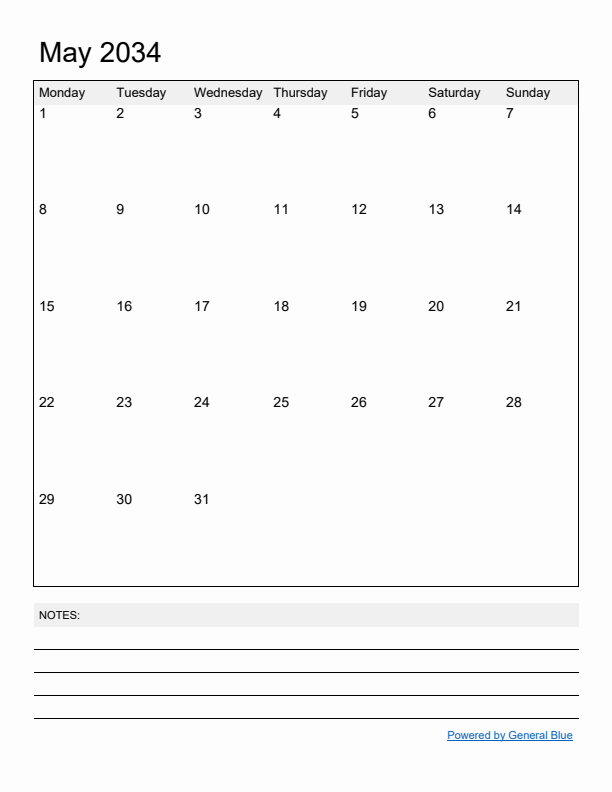 Basic Monthly Calendar Template for May 2034