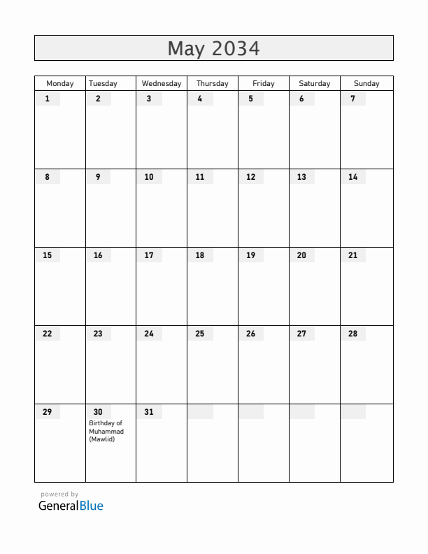 United Arab Emirates May 2034 Calendar with Holidays